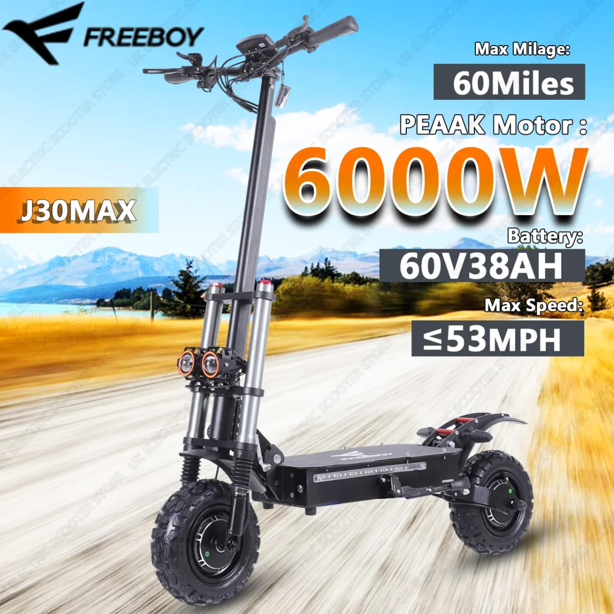 FREEBOY J30MAX 2025 E-Scooter 6000W Motor 60V38AH Battery Electric Scooter Max Speed 53MPH 11 Inch road Tires Max Range 60 Miles