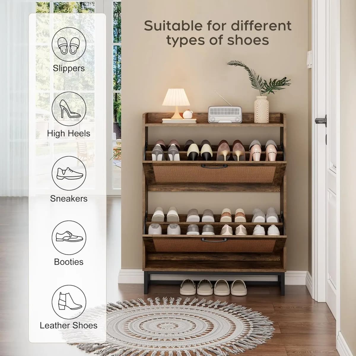 Shoe Rack With 2 Flip-up Drawers Slim Wooden Freestanding Shoe Rack Suitable For Entryways, Hallways and Living Rooms