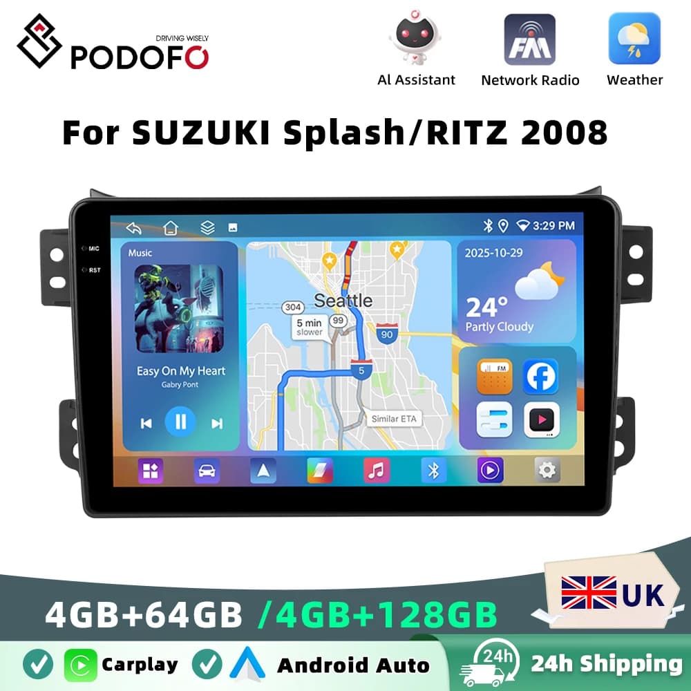 Podofo 4GB+64GB Car Radio Wireless Carplay Android Auto Multimedia Video Player Mirror Link 9 Inch FOR SUZUKI Splash/RITZ 2008