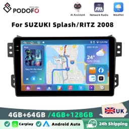 Podofo 4GB+64GB Car Radio Wireless Carplay Android Auto Multimedia Video Player Mirror Link 9 Inch FOR SUZUKI Splash/RITZ 2008