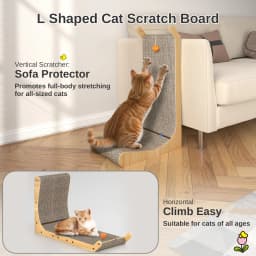 L-Shaped Corner Scratching Pad for Cats, 68cm Durable Solid Wood Scratch Board with Integrated Interactive Toy Ball for Play