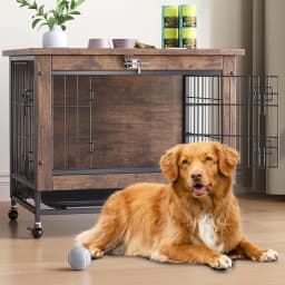 Dog Crate Furniture with Wheels, Side End Table, Dog Cage with 2 Doors & Tray, Lockable Pet Crate for Small/Medium Dogs