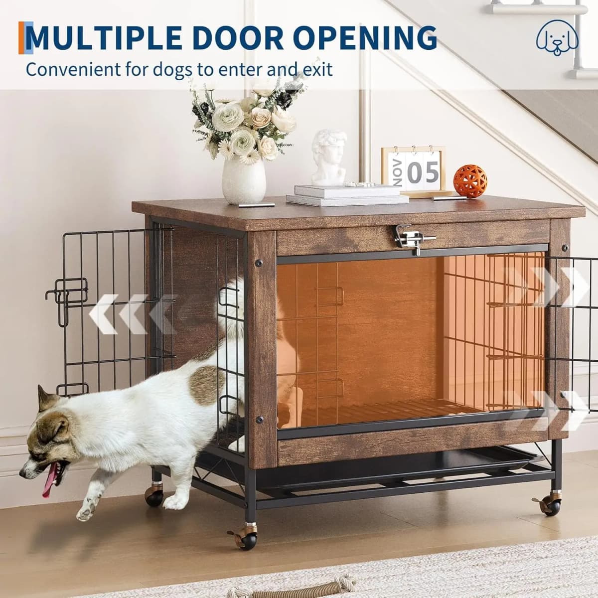 Dog Crate Furniture with Wheels, Side End Table, Dog Cage with 2 Doors & Tray, Lockable Pet Crate for Small/Medium Dogs