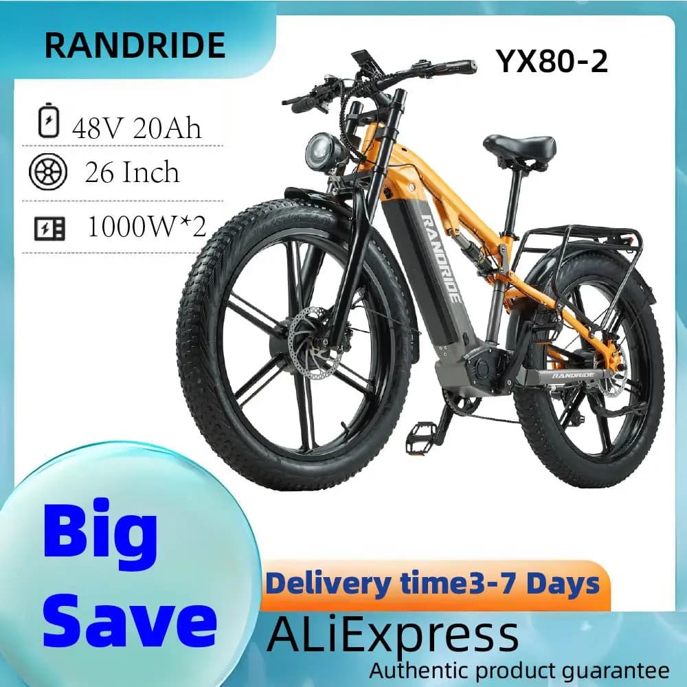 RANDRIDE YX80-2 Adult Electric Bicycle 1000W*2 Motor Mountain Electric Bike 48V20AH Battery 26 Inch Fat Tire Off Road E-Bike