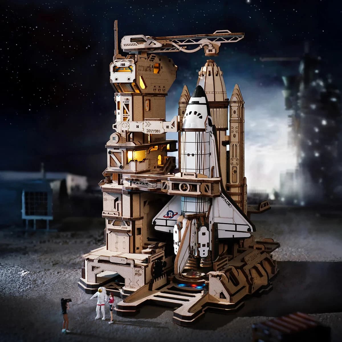 Robotime Space Shuttle 3D Wooden Puzzle Moving Rocket Launch Tower with Lights Mechanical Building STEM Project for Adult Teen