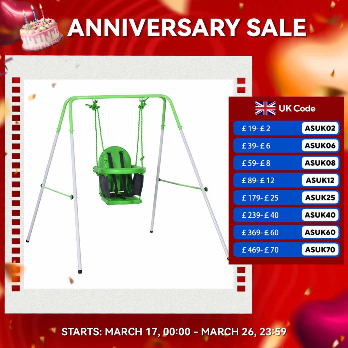 Outsunny Nursery Swing with Safety Seat Belt, Support Back for Indoor Outdoor