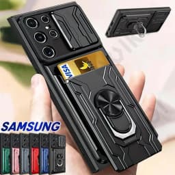 Case For Samsung Galaxy S25 S24 S23 S22 S21 Ultra Plus S20 FE A55 A35 A54 A14 4G 5G Slide Camera Card Holder 360° Ring Cover