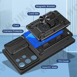 Case For Samsung Galaxy S25 S24 S23 S22 S21 Ultra Plus S20 FE A55 A35 A54 A14 4G 5G Slide Camera Card Holder 360° Ring Cover