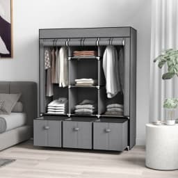 HOMCOM Portable Wardrobe w/ 5 Shelves 3 Fabric Drawers and 2 Hanging Rails Grey