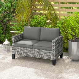 Outsunny 2 Seater Rattan Sofa with Cushions, Wicker Garden Loveseat with Armrests, Outdoor Garden Sofa Couch