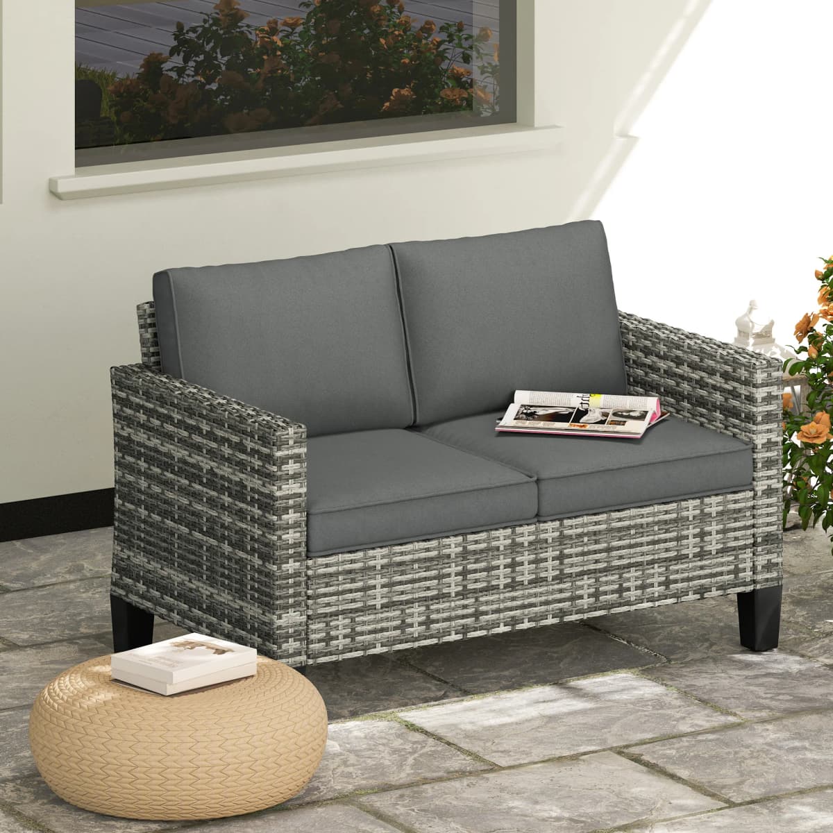 Outsunny 2 Seater Rattan Sofa with Cushions, Wicker Garden Loveseat with Armrests, Outdoor Garden Sofa Couch