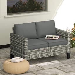 Outsunny 2 Seater Rattan Sofa with Cushions, Wicker Garden Loveseat with Armrests, Outdoor Garden Sofa Couch
