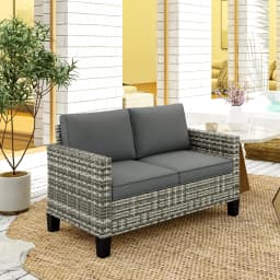 Outsunny 2 Seater Rattan Sofa with Cushions, Wicker Garden Loveseat with Armrests, Outdoor Garden Sofa Couch