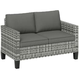 Outsunny 2 Seater Rattan Sofa with Cushions, Wicker Garden Loveseat with Armrests, Outdoor Garden Sofa Couch
