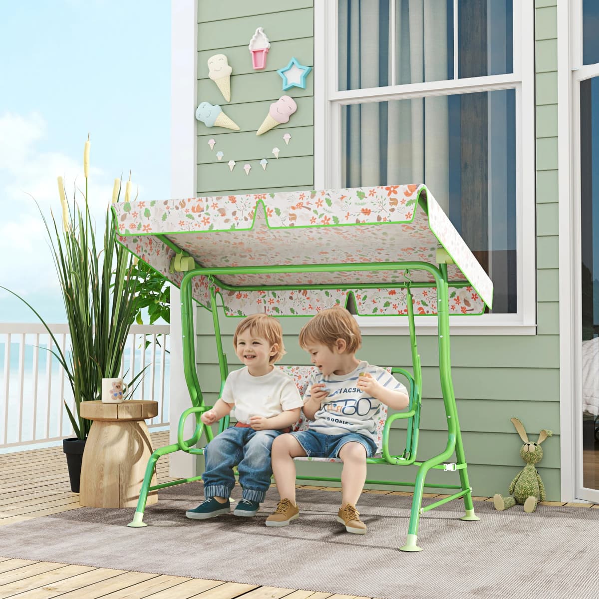 AIYAPLAY Kids Garden Swing Chair, Swing Seat with Adjustable Canopy, Green