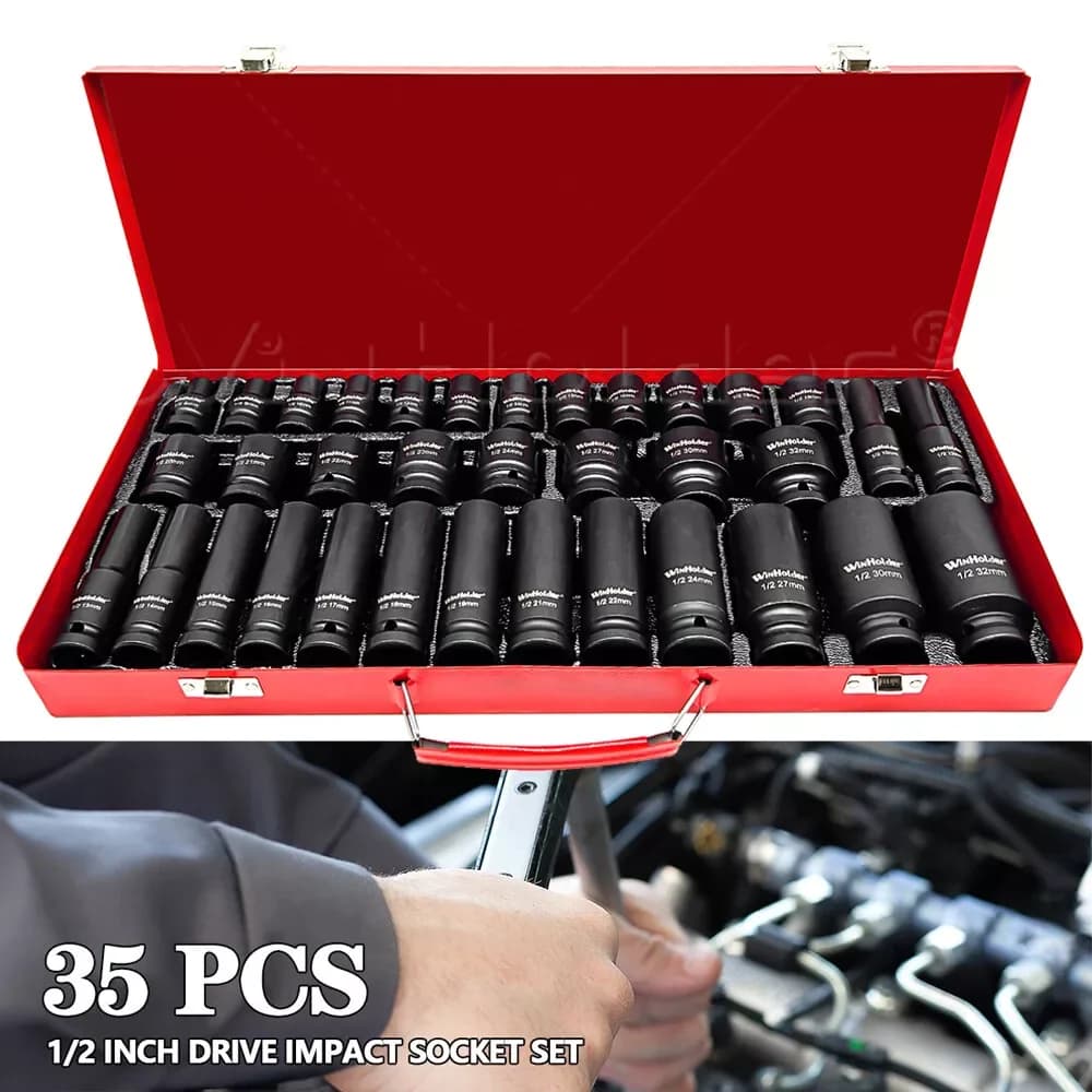 35PCS 1/2 Inch Drive Deep Impact Socket Tool Set 8-32mm Wall Spindle Axle Nut Garage Repair Tool with Red Box