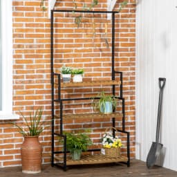 Outsunny Tall Plant Stand with Hanging Hooks, 3 Tiered Plant Rack for Indoor Outdoor Porch Balcony Living Room Bedroom