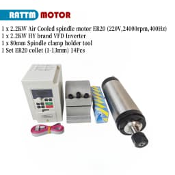 【EU Stock】Hua Jiang CNC Spindle Motor, Air Cooled 220V 2.2KW 2200W 4 Bearings & 2200w Mini VFD / Inverter for wood Milling DIY