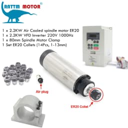 【EU Stock】Hua Jiang CNC Spindle Motor, Air Cooled 220V 2.2KW 2200W 4 Bearings & 2200w Mini VFD / Inverter for wood Milling DIY
