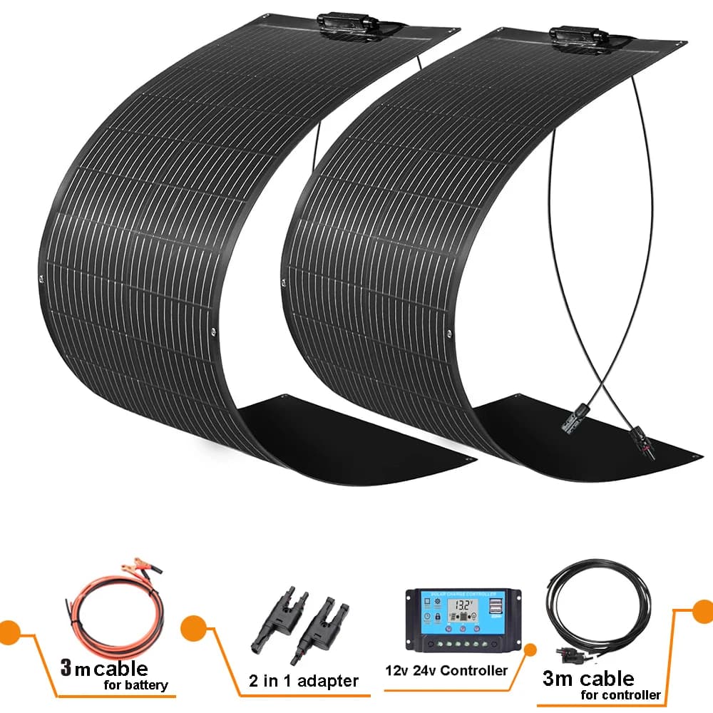 WUZECK 200W Flexible Monocrystalline Solar Panel Kit, 2 Pieces 100W Solar Modules, 20A 12V/24V Solar Charge Controller and Solar Cable, Off Grid Power for 12V Batteries, Motorhome, Camper, Balcony, Camping, Home Use