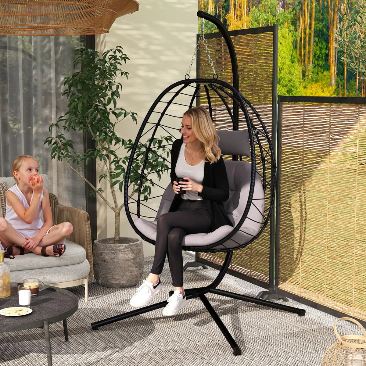 Outsunny Garden Egg Chair Outdoor Hanging Swing Chair, Folding Basket, Grey