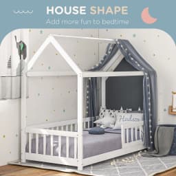 HOMCOM House-Shaped Kids Bed Frame with Safety Fence for Boys Girls, White