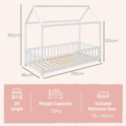 HOMCOM House-Shaped Kids Bed Frame with Safety Fence for Boys Girls, White