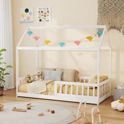 HOMCOM House-Shaped Kids Bed Frame with Safety Fence for Boys Girls, White