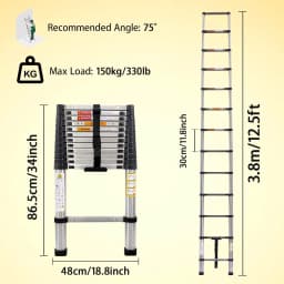 EFAN Extension Ladders 12.5FT/3.8M Stainless Steel Telescopic Folding Portable Extendable Ladder for Home, EN131,150KG Max Load