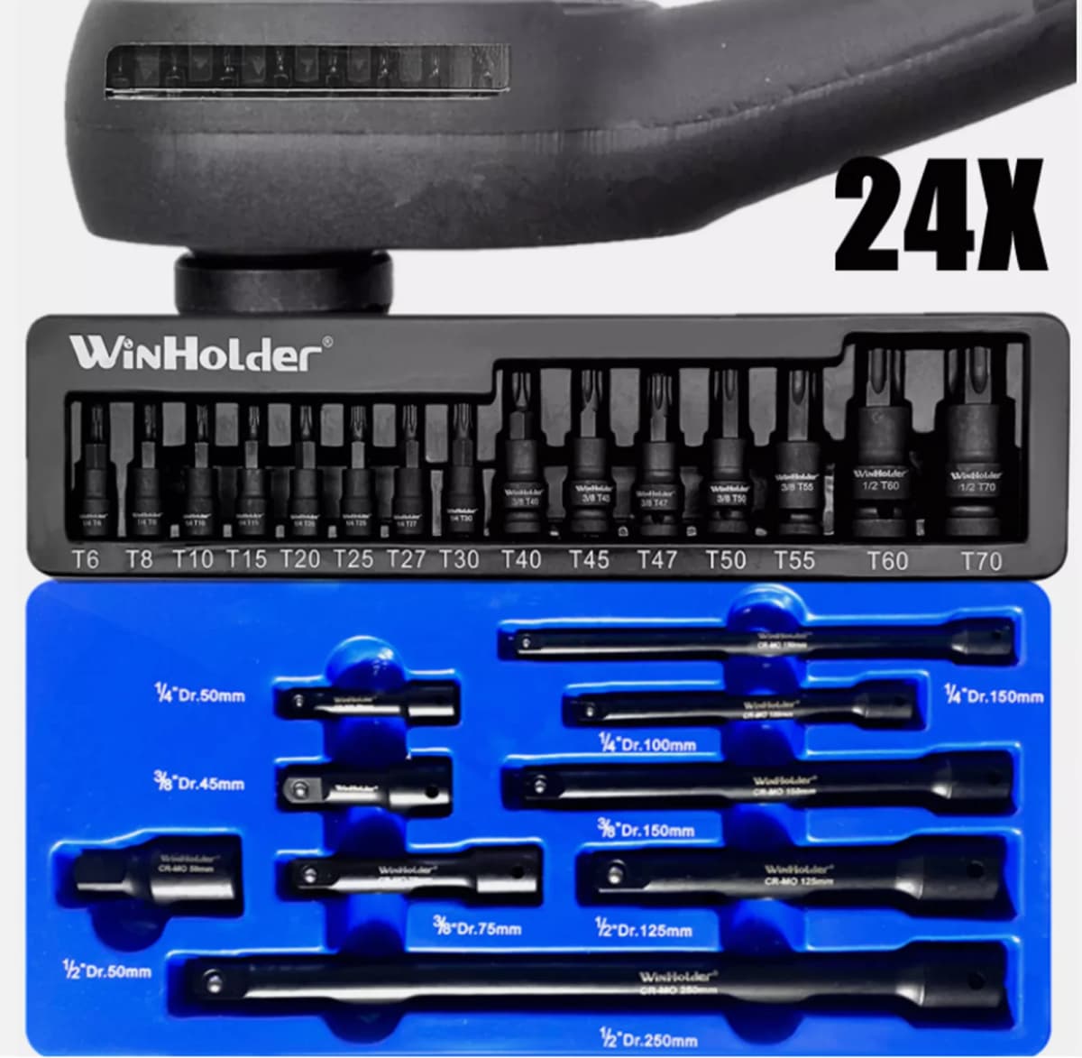 24PEICES of Impact Torx Bit Socket Set 1/4,3/8,1/2" Drive T6-T70 & Long Reach Extension Bars Auto Repairing