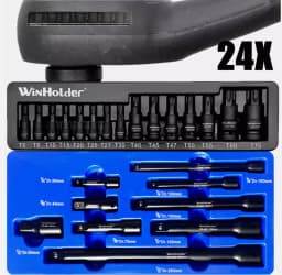 24PEICES of Impact Torx Bit Socket Set 1/4,3/8,1/2" Drive T6-T70 & Long Reach Extension Bars Auto Repairing