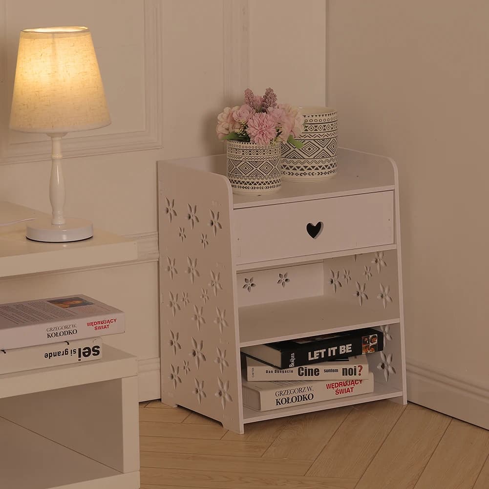【Breeins】Hollow Carved Bird Pattern Side Table Nightstand with Drawer for Bedroom
