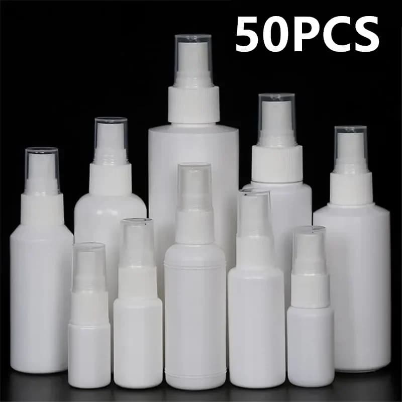 50PCS 10/20/30/50/100ml White PE Plastic Refillable Bottles Fine Mist Perfume Atomizer Mini Empty Spray Bottle Alcohol Bottle