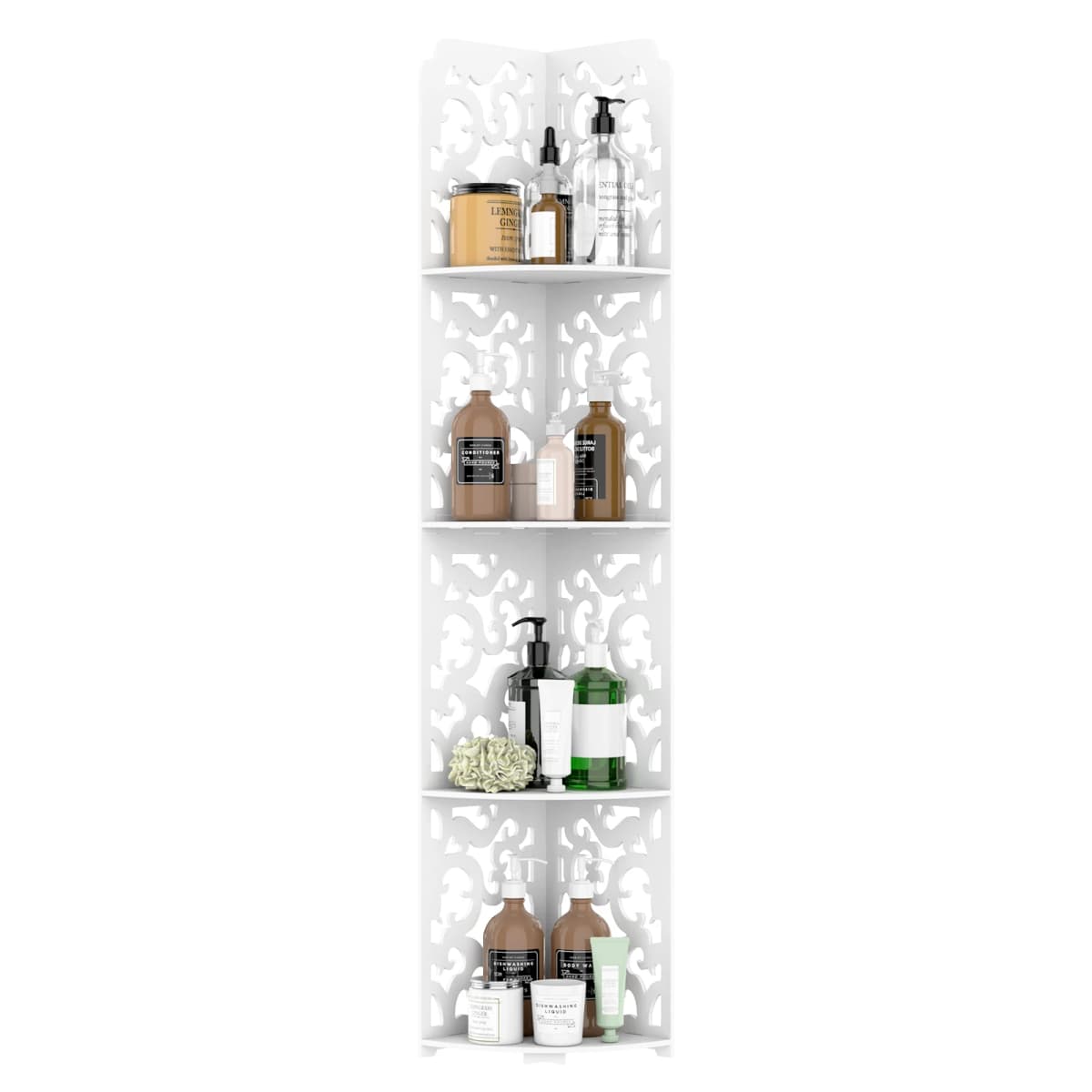 4 Tier Shower Caddy Living Room Bathroom Corner Shelf White Floor Standing Shower Corner Shelf, Waterproof PVC Storage Organizer