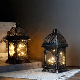Vintage Metal Candle Holder Battery Operated Lantern Retro Hanging Lantern Table Lamp Light with LED Fairy Lights for Home Decor