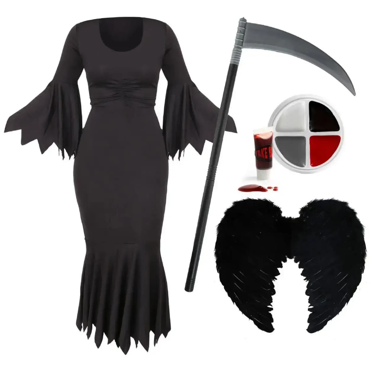Ladies Reaper Costume - Black Dress, Wings, Face Paint & Scythe – Halloween Reaper Fancy Dress Outfit