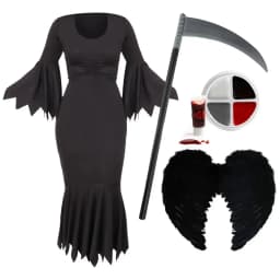 Ladies Reaper Costume - Black Dress, Wings, Face Paint & Scythe – Halloween Reaper Fancy Dress Outfit