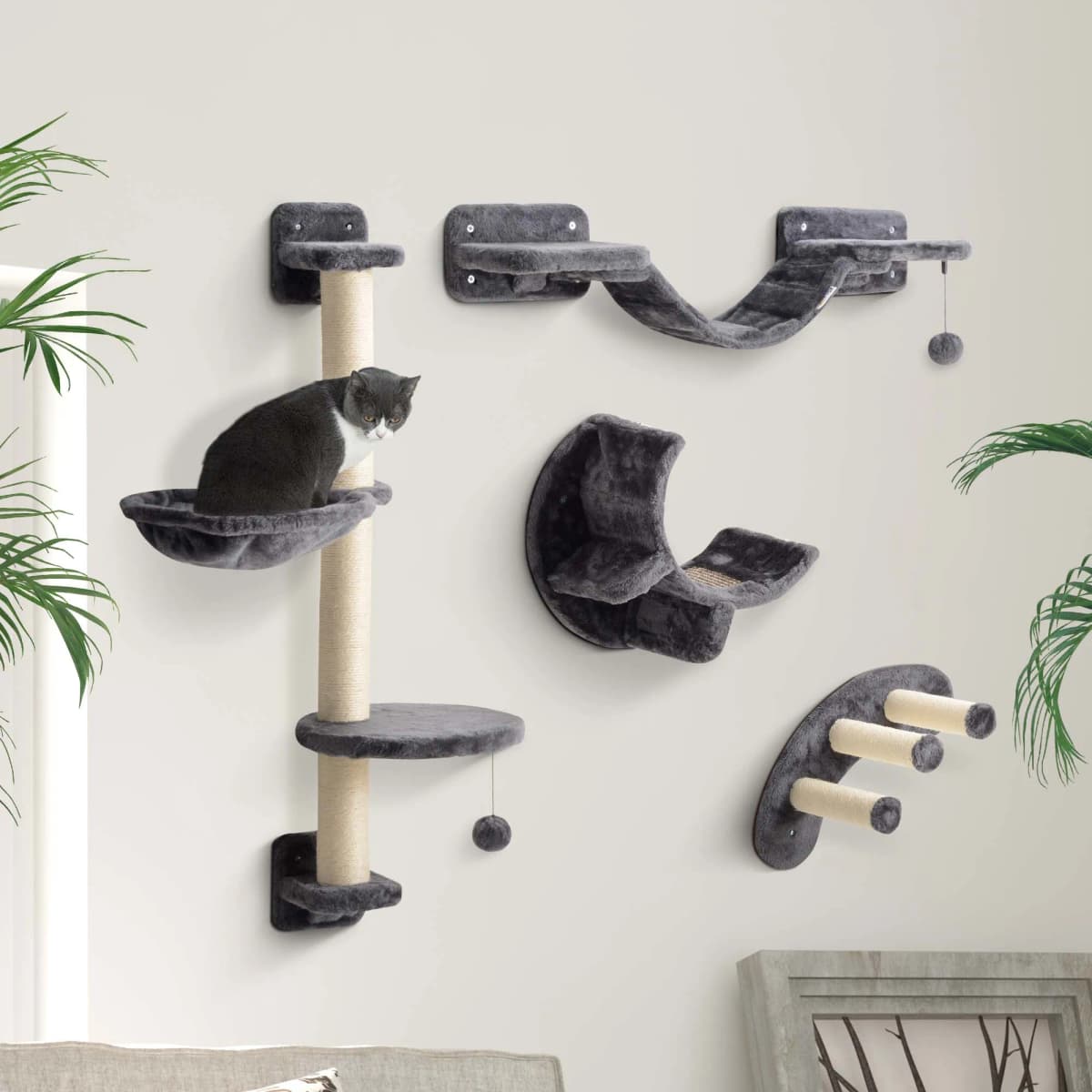 PawHut 4-Piece Cat Wall Furniture w/ Hammock, Ladder, Platforms - Dark Grey
