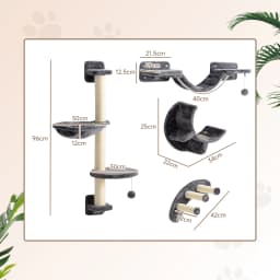 PawHut 4-Piece Cat Wall Furniture w/ Hammock, Ladder, Platforms - Dark Grey