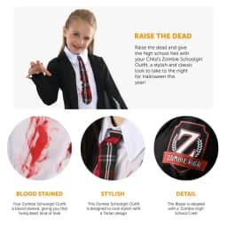 Child Zombie Schoolgirl Costume – Halloween Fancy Dress Outfit with Blazer, Shirt, Tie & Skirt for Girls