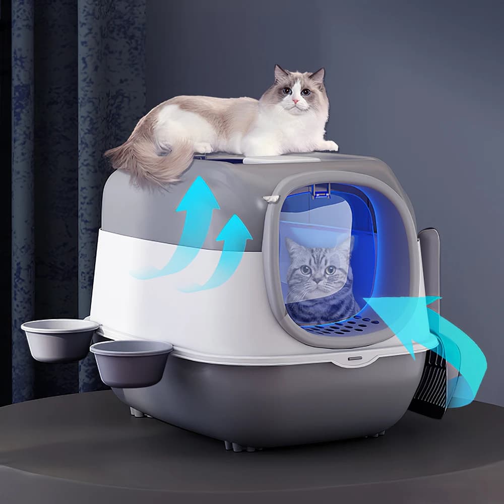 Tieker large capacity detachable cat litter box with UV disinfection lamp fully enclosed pet cat toilet with feeding bowl