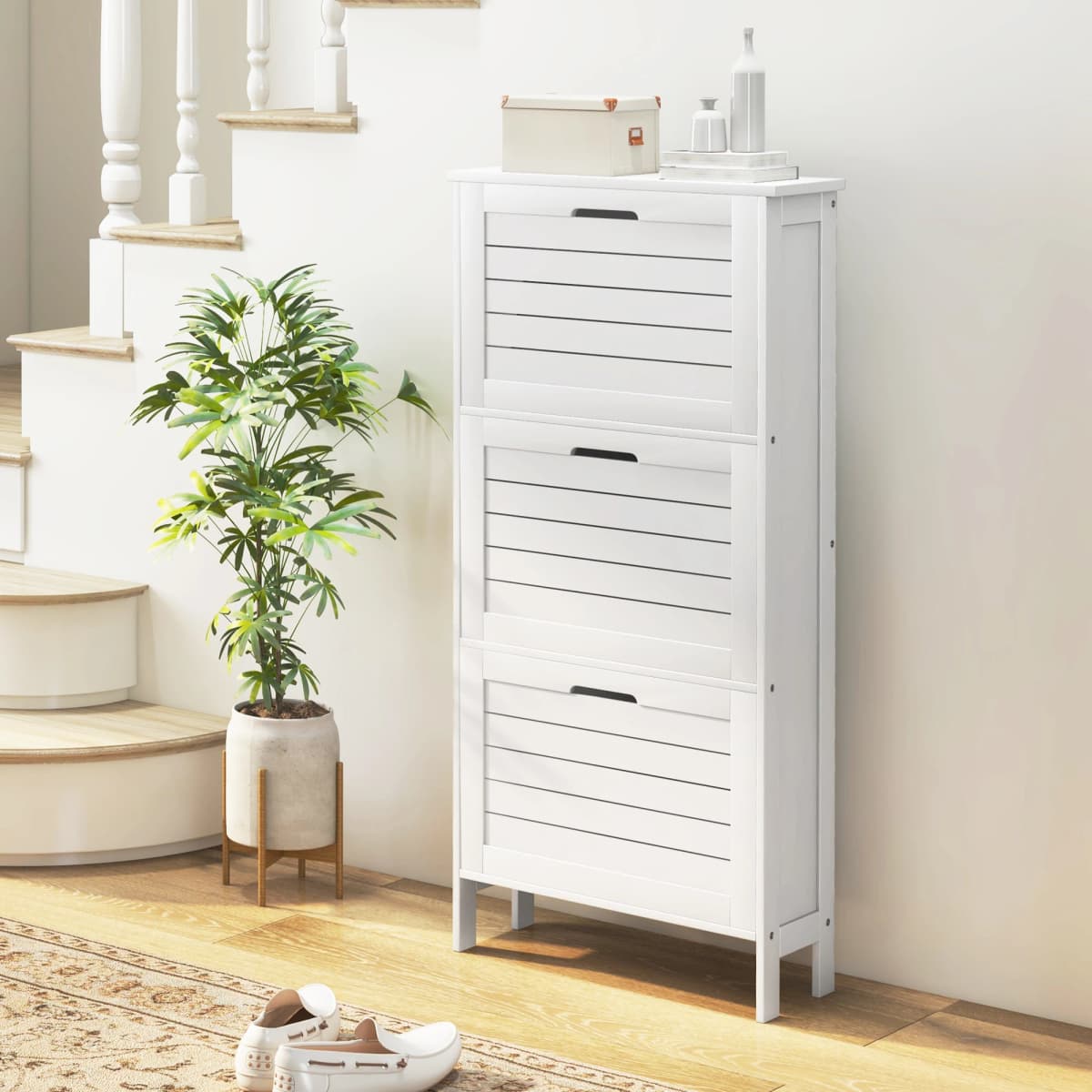 HOMCOM Narrow Shoe Storage Cabinet with 3 Flip Drawers, White