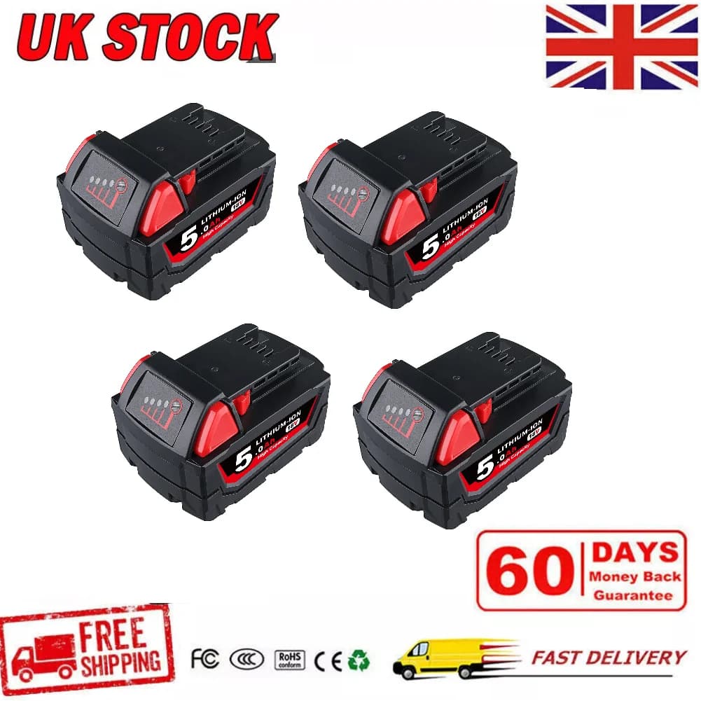 VANON 4Pack 18V 5Ah Rechargeable battery Replace for Milwauke e Electric drill,chainsaw,M18 series M18B M18B2 M18B4 M18B5