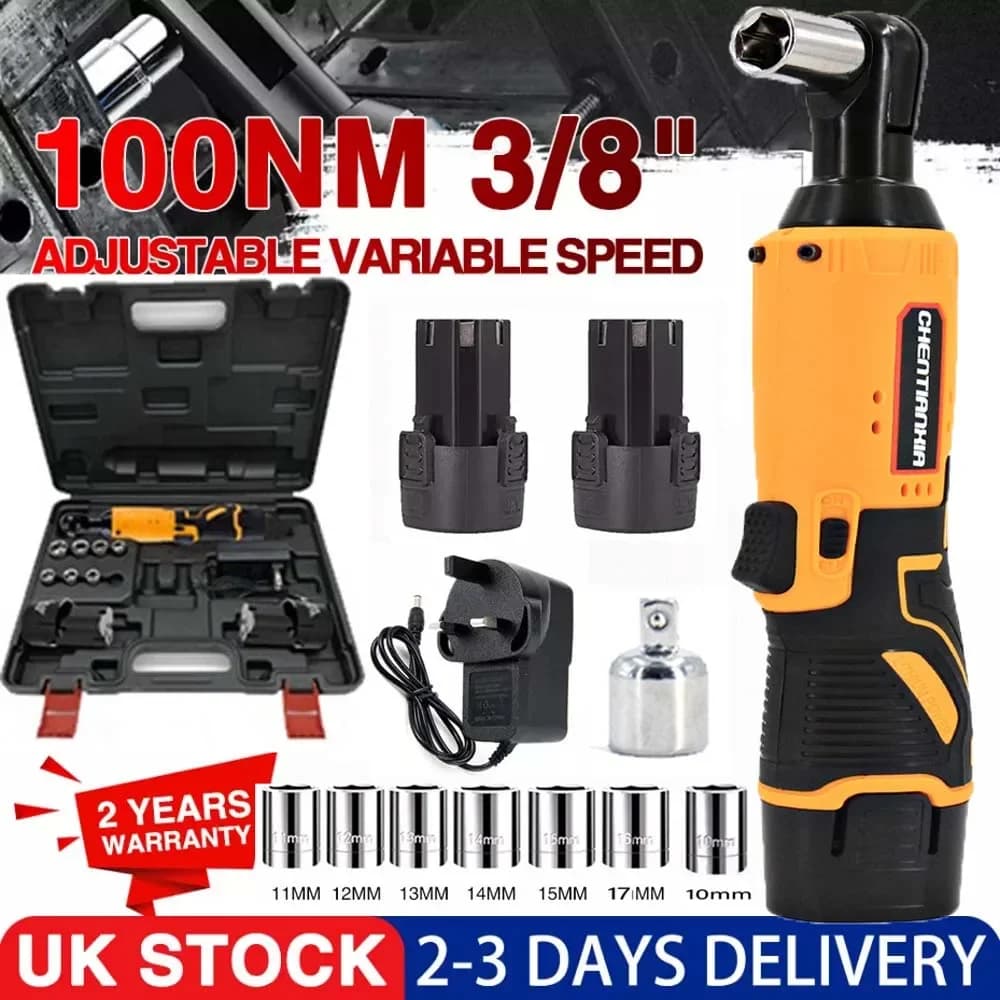 380Nm Electric Cordless Right Ratchet 3/8'' 90 Angle Wrench Power 2x Battery Kit