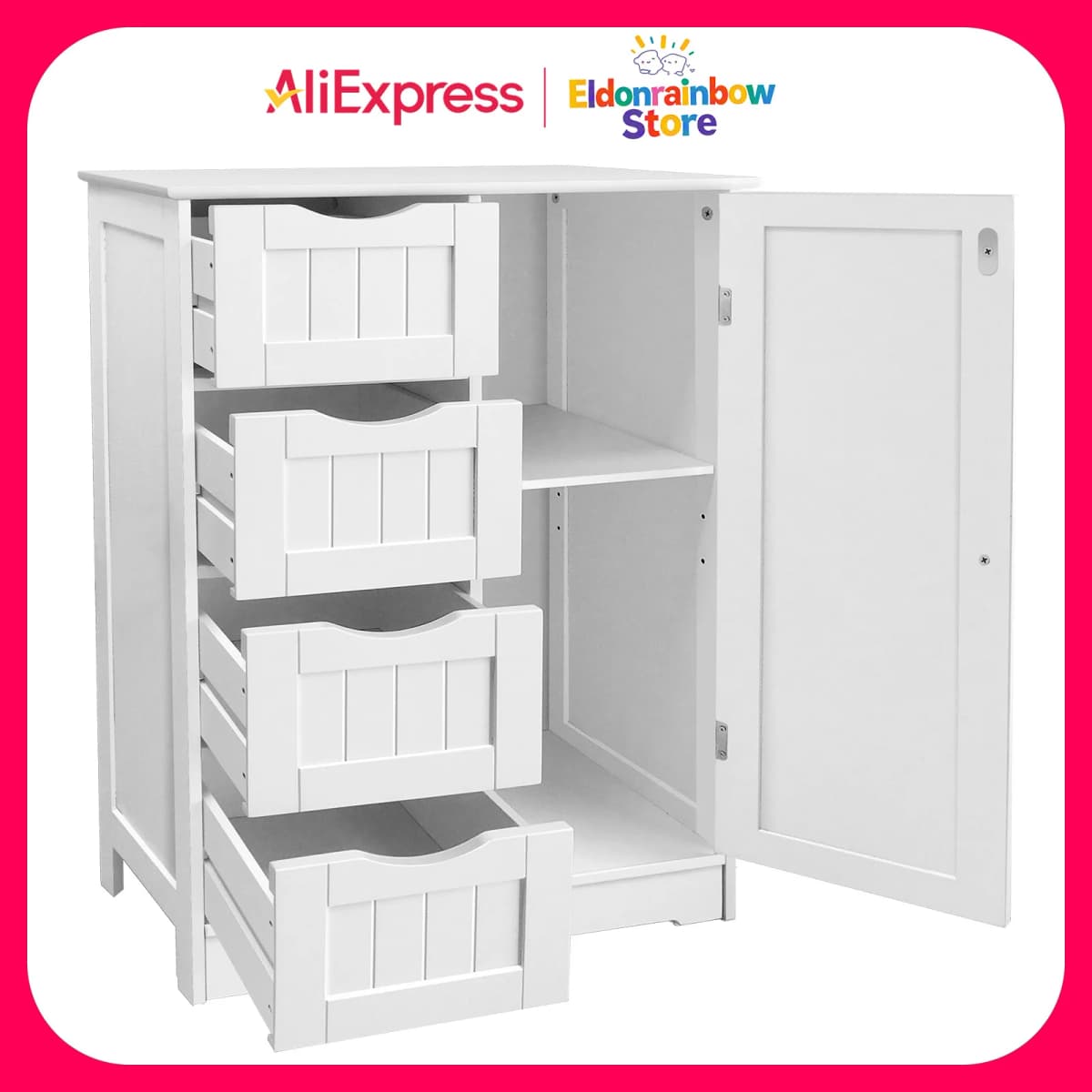 Cabinet Cupboard Free Standing Wooden Cabinet Storage Unit with 4 Drawers & 1 Door 3-Height Adjustable Shelf Utility Cabinet