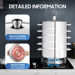 Stainless Steel Steamer with Glass Lid 5 Tier 46.5cm Cookware Cooking Pot Induction Hob Steamer for Dumplings Silver