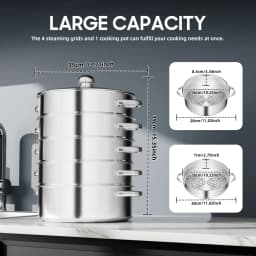 Stainless Steel Steamer with Glass Lid 5 Tier 46.5cm Cookware Cooking Pot Induction Hob Steamer for Dumplings Silver