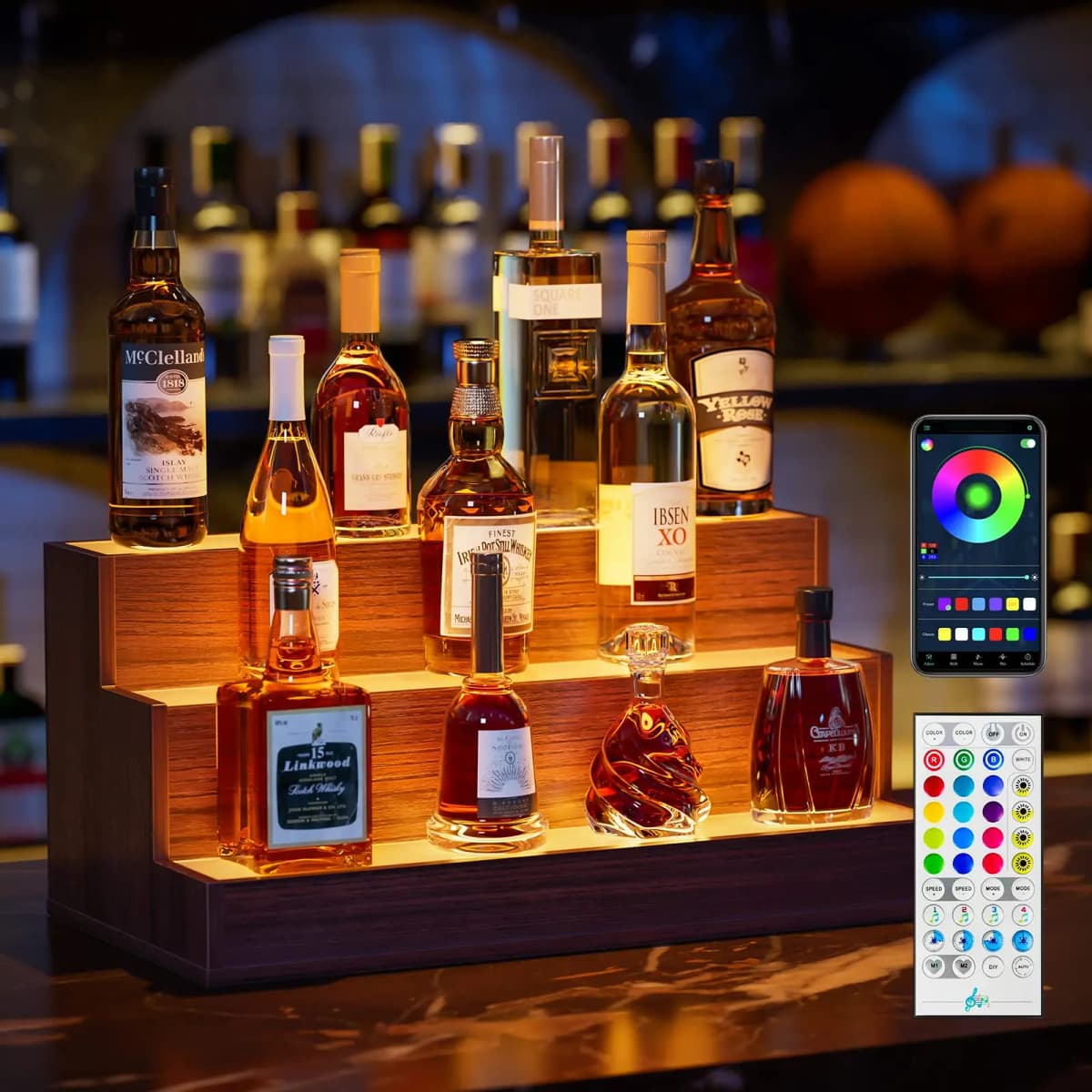 Cubehom LED Bottle Display Shelf, 3 Step Freestanding Bar Shelf with App & Remote Control, Illuminated Drinks Rack, Walnut