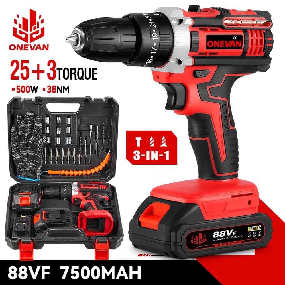 ONEVAN 2 Gear Electric Impact Drill Cordless Multifunctional 25+3 Torque Screwdriver Drill Power Tool For Makita 18V Battery Pin