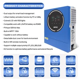ANENJI 5KW 48V 4KW Dual output Hybrid Solar Inverter 100A MPPT Pure Sine Wave Solar Controller Dual Input PV 500VDC with WiFi